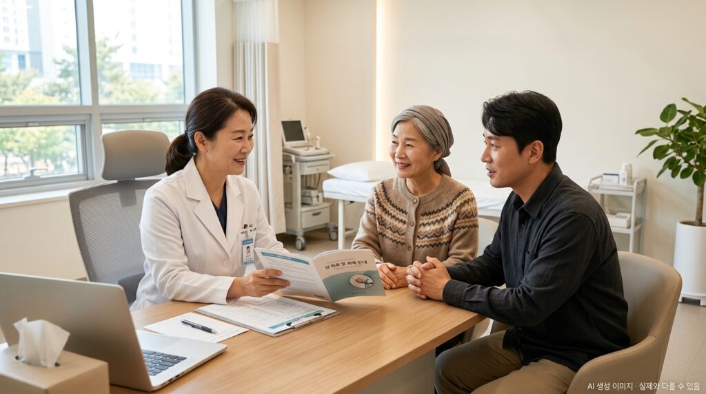암환자요양병원 상담 — 암 환자와 보호자가 의료진에게 입원 관련 질문을 하는 장면