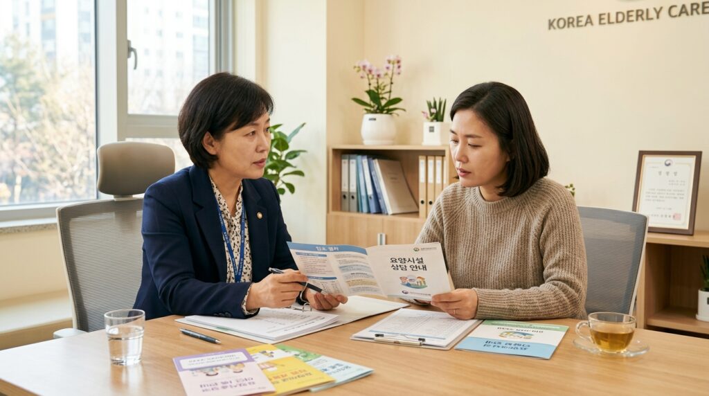 요양병원 방문 체크리스트 — 시설 견학 중 의료진과 상담하는 환자 가족