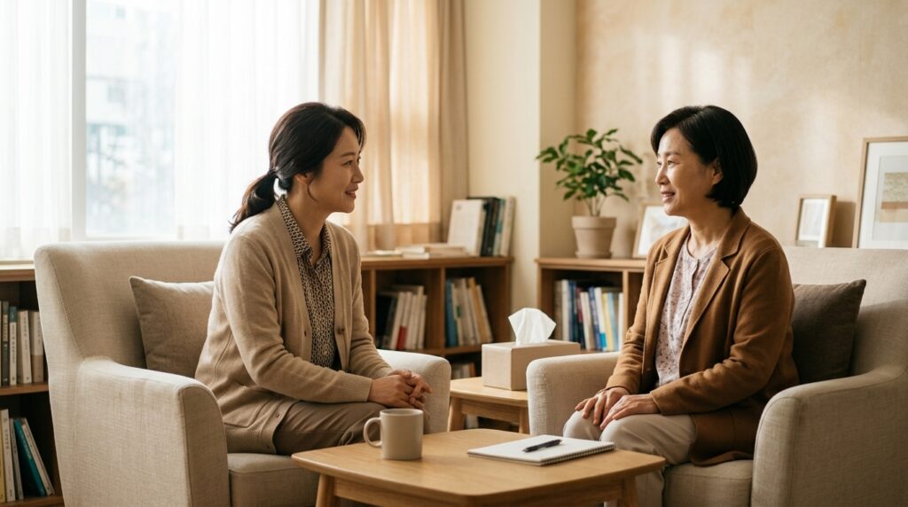 밝은 상담실에서 보호자가 사회복지사와 마주 앉아 편안하게 상담받는 안도감 있는 장면