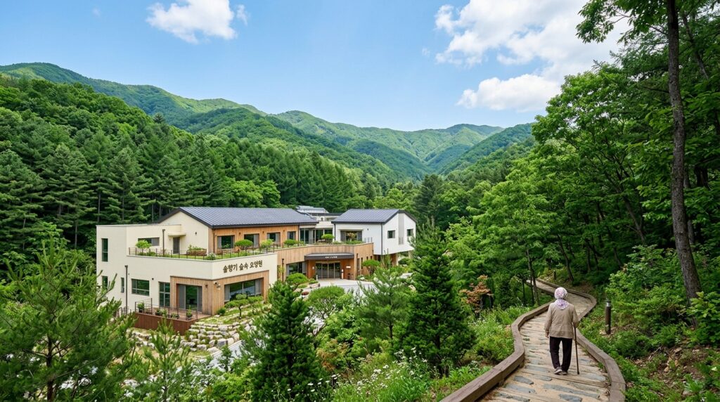 산속 요양병원 암 환자 회복 — 울창한 숲속에 자리한 요양 시설과 자연 환경