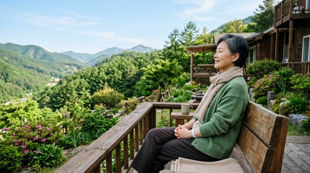 도심 요양과 산속 요양 비교 — 자연 속 요양병원 테라스에서 휴식 중인 암 환자