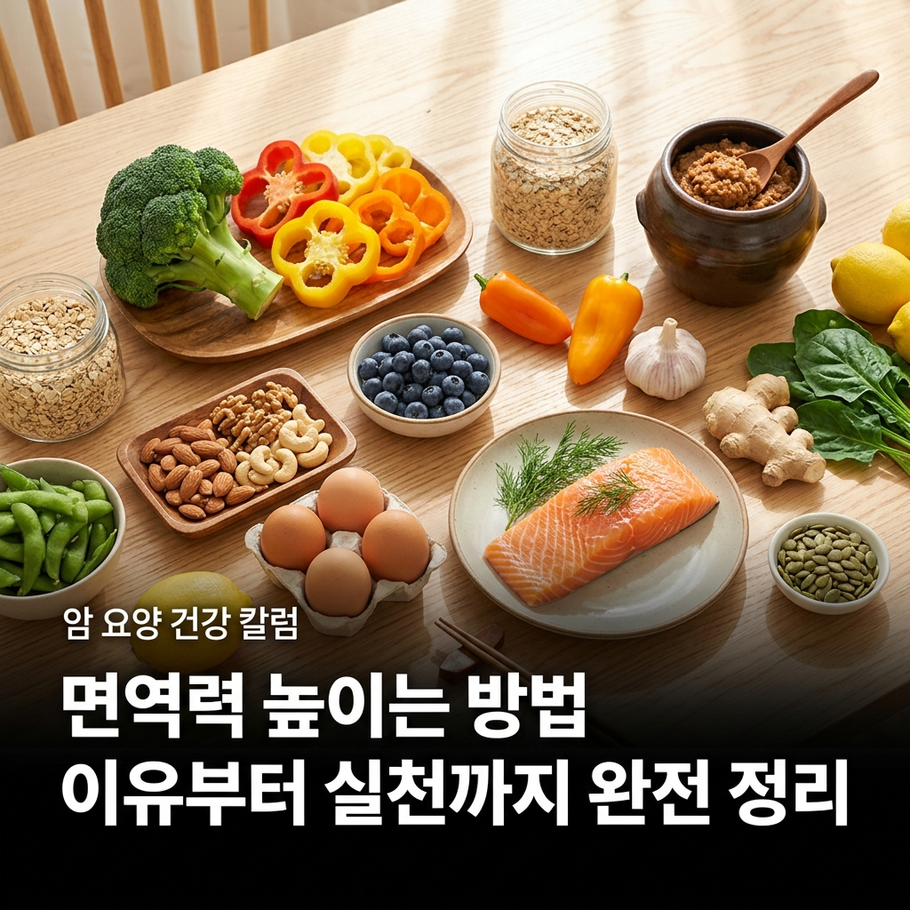 면역력에 좋은 식재료(브로콜리, 파프리카, 블루베리, 견과류, 달걀, 연어, 된장, 귀리 등)가 가득 차려진 밝은 식탁 - 하단에 텍스트 오버레이 포함