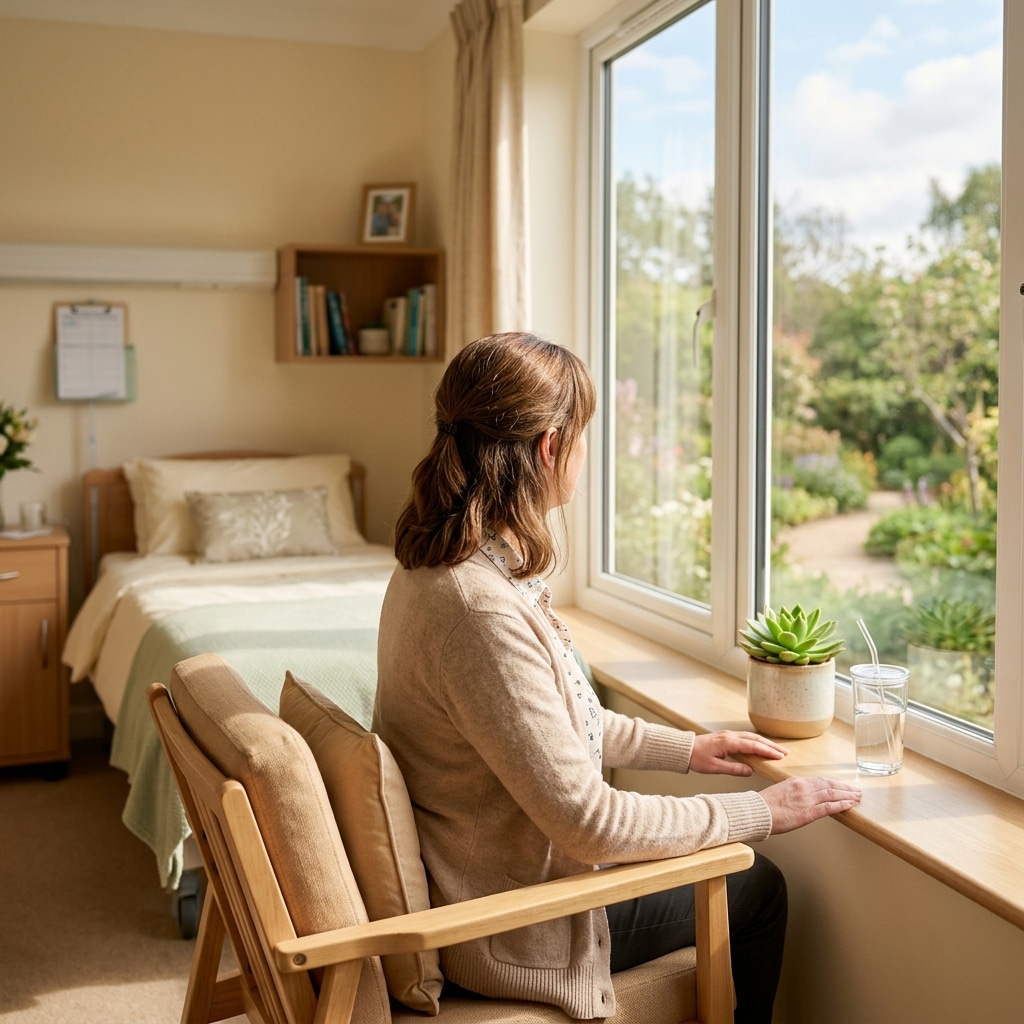 병원 창가에서 햇살을 받으며 창밖을 바라보는 40대 여성 환자의 뒷모습 - 따뜻하고 희망적인 분위기