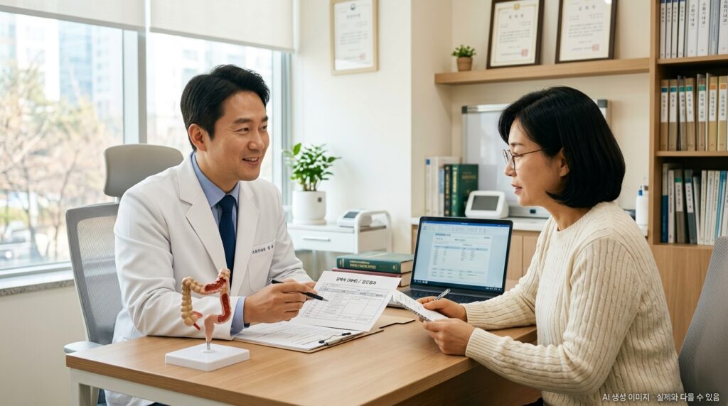 대장암 초기증상 상담 — 의사와 환자가 대화하는 진료 장면