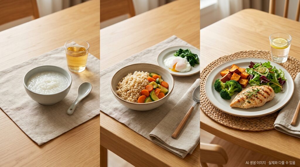 왼쪽에 수술 초기 음식(흰죽·유동식),
가운데에 회복 중기 음식(부드러운 밥·익힌 채소), 오른쪽에 회복 후기 음식(균형 잡힌 일반식)이 시간 흐름에 따라 변화하는 느낌으로 나란히 배치.