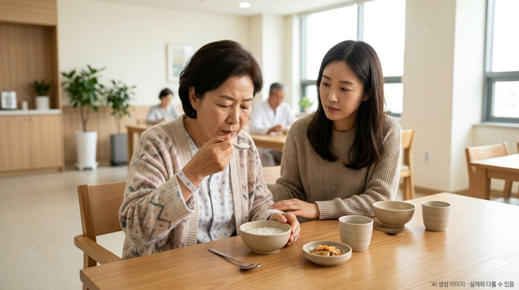 대장암 수술 후 식단 중요성 — 대장암 수술 후 회복기 환자(50~60대)가
병원 또는 요양 공간 식탁에 앉아
소량의 죽을 먹고 있는 장면.