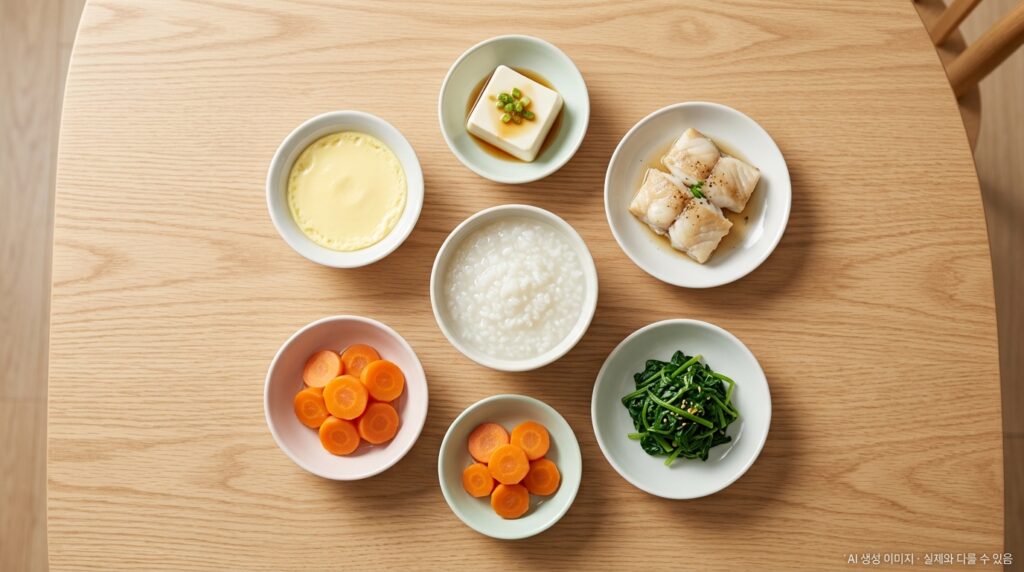 대장암 수술 후 권장 음식들이 오버헤드(탑뷰) 또는 45도 앵글로 배치.
흰죽 한 그릇·달걀찜·연두부·흰살생선조림·
삶은 당근·익힌 시금치나물이 소량씩 예쁘게 담겨 있음.