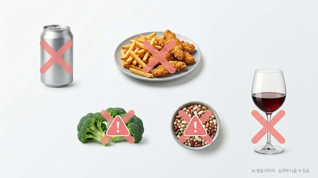 피해야 할 음식들(탄산 캔·기름진 음식·생브로콜리·콩류·알코올)이
깔끔하게 배열되고 각각에 부드러운 X 또는 주의 아이콘이 붙어 있는 구성.