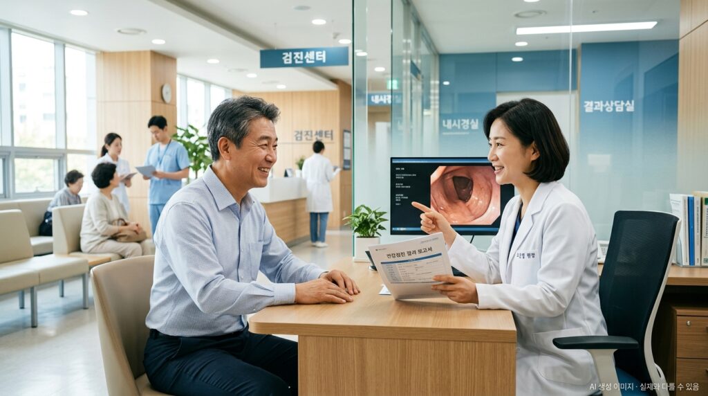 대장암 조기 발견의 중요성 — 건강 검진을 받는 중년 남성과 의료진 이미지