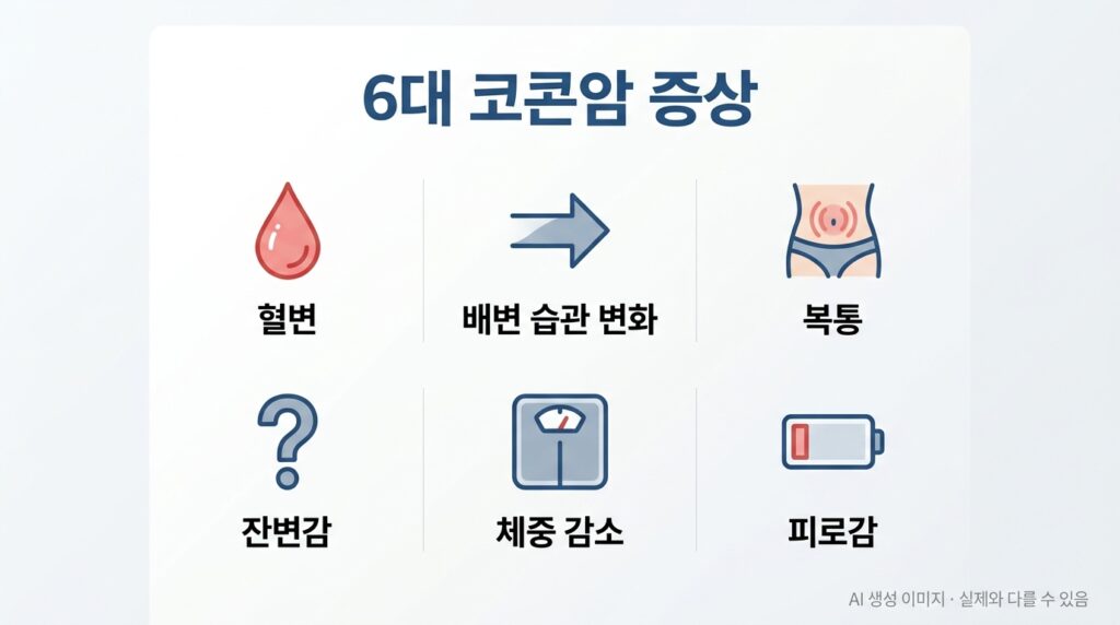 대장암 초기증상 체크리스트 — 혈변, 배변 변화, 복통 등 주요 증상 안내 이미지