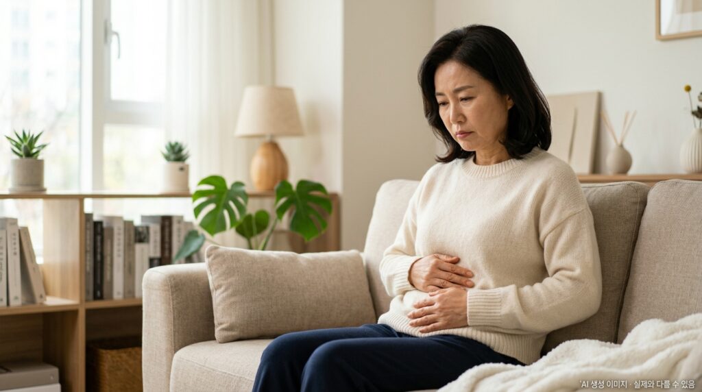 대장암 초기증상 — 복부 불편감을 느끼는 사람의 일상 장면