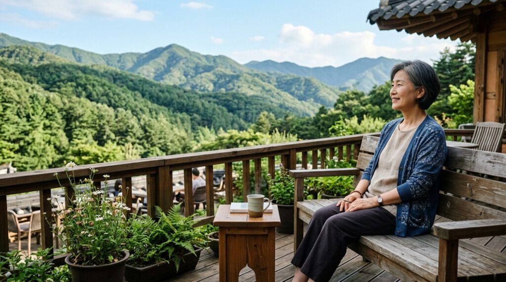 자연 속 요양병원 테라스에서 휴식 중인 암 환자