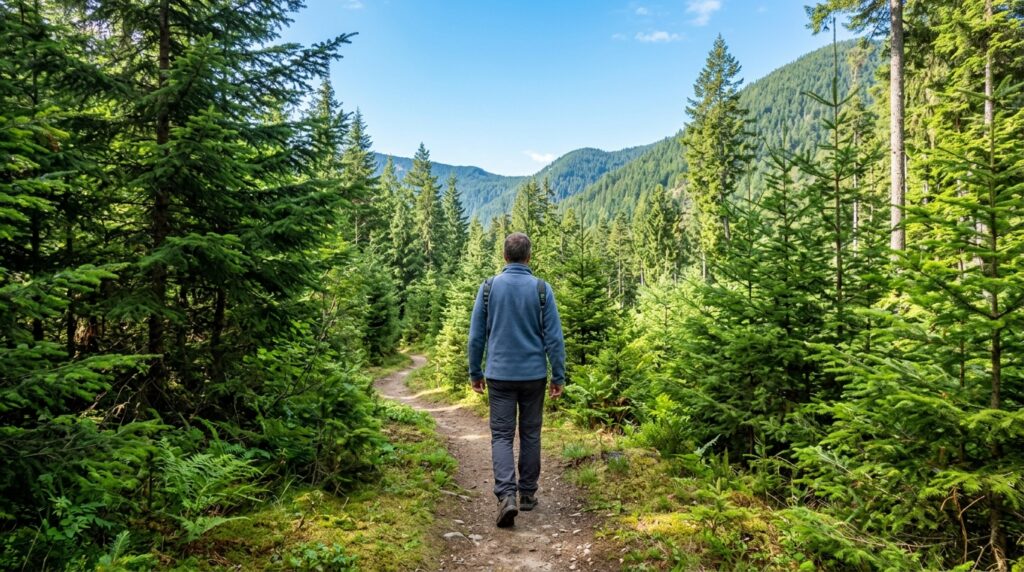 산속 숲에 자리한 요양원 또는 숲길을 걷는 환자 뒷모습