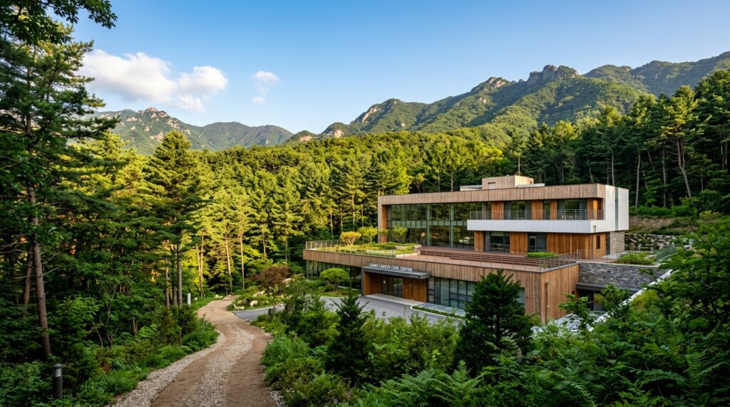 울창한 숲속에 자리한 요양 시설과 자연 환경