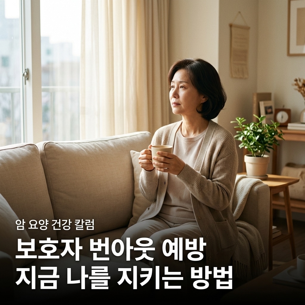 50대 여성 보호자가 창가 소파에서 따뜻한 차를 두 손으로 감싸 쥐고 잠시 쉬는 장면