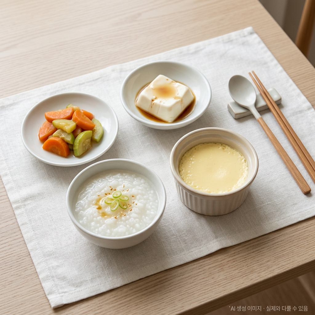 밝은 식탁 위에 소량의 위암 회복식이 정갈하게 차려진 장면 (흰죽, 달걀찜, 두부, 당근·호박 조림)
