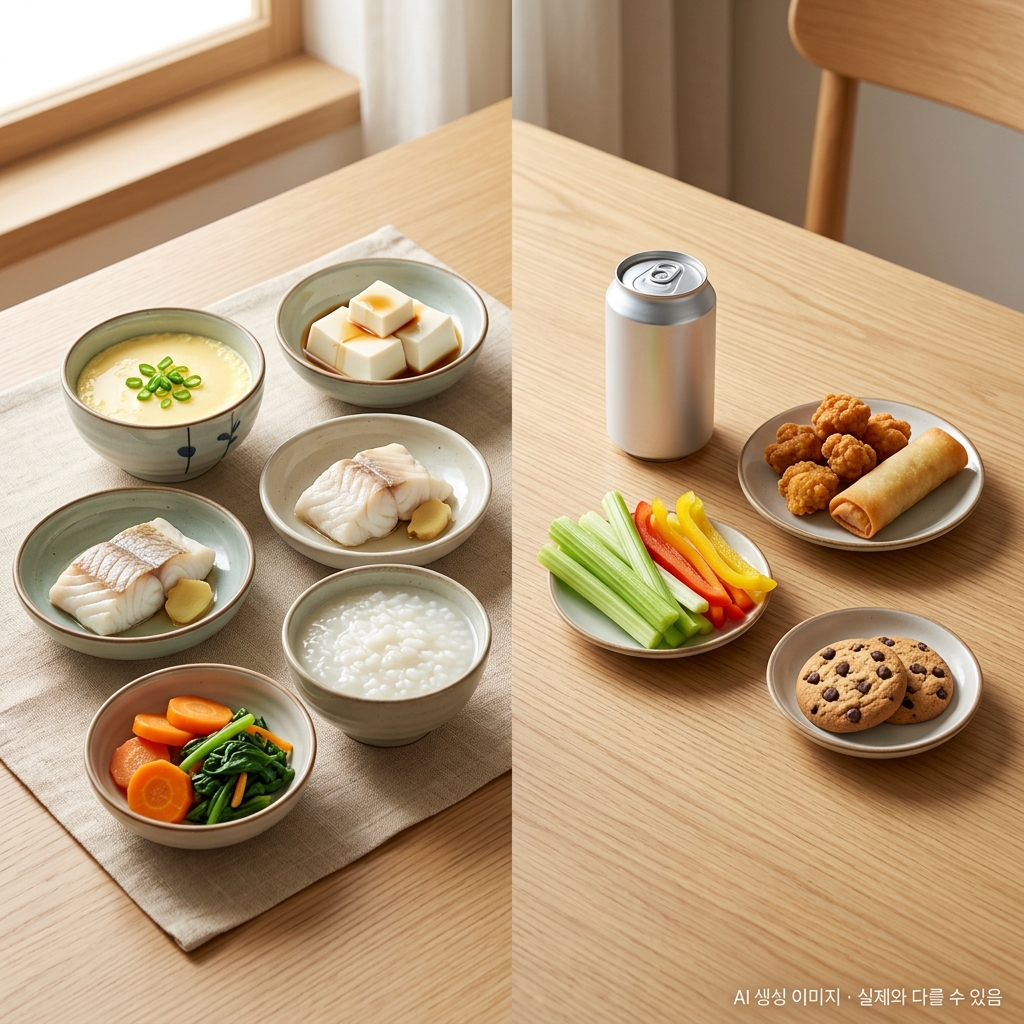 식탁 위 좋은 음식(왼쪽: 달걀찜, 연두부, 흰살생선, 흰죽, 익힌 채소)과 피해야 할 음식(오른쪽: 단 음료, 튀긴 음식, 생채소, 과자) 비교 구성 - 오버헤드 뷰 + 우측 하단 AI 안내 문구