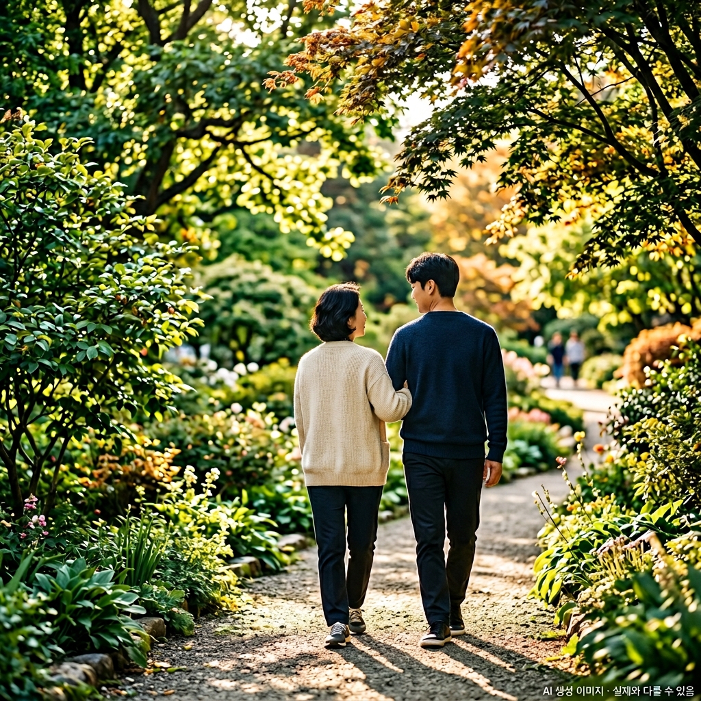 유방암 수술 후 관리 — 회복기 여성이 자연 속에서 산책하는 따뜻한 장면, returnhome.kr