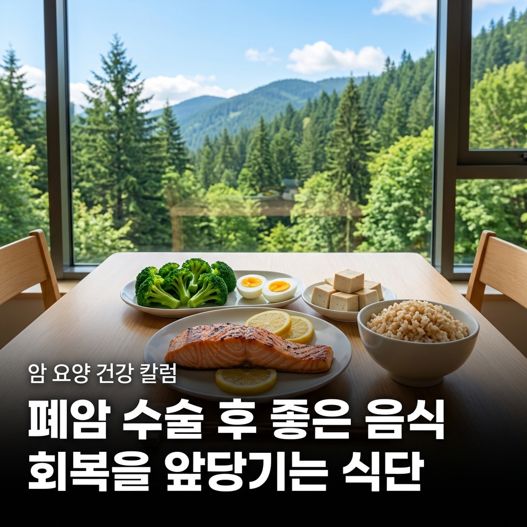 산속 요양 시설 테라스에 폐암 회복식이 차려지고 창밖으로 초록 숲이 보이는 장면