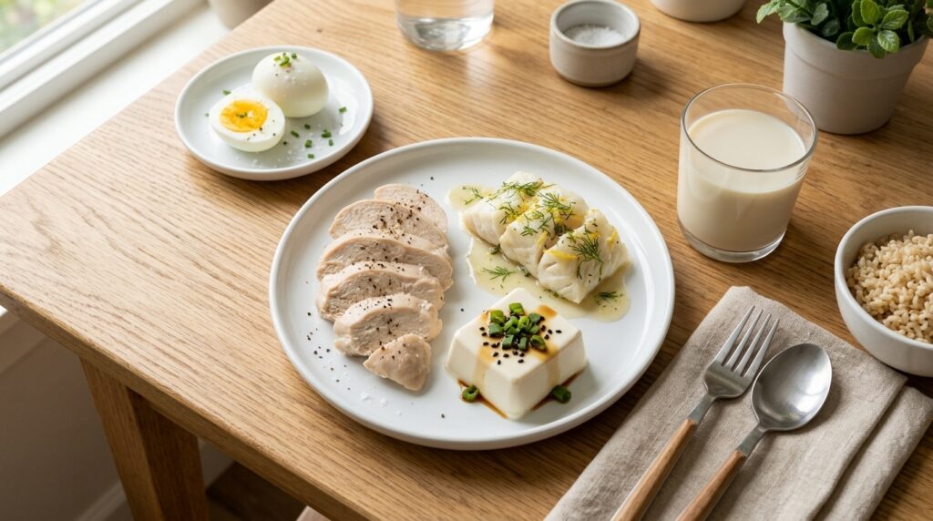 고단백 식품 - 완숙달걀 2개, 두부, 닭가슴살 찜, 흰살생선 조림, 콩국물로 구성된 단백질 중심 식사