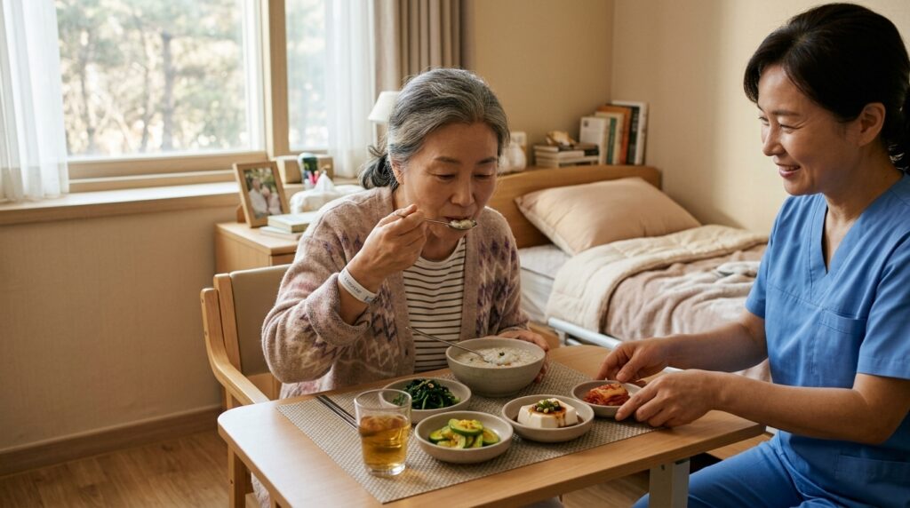 한국인 암 환자가 병실에서 죽, 나물, 두부로 구성된 식사를 준비하거나 먹는 따뜻한 일상 장면