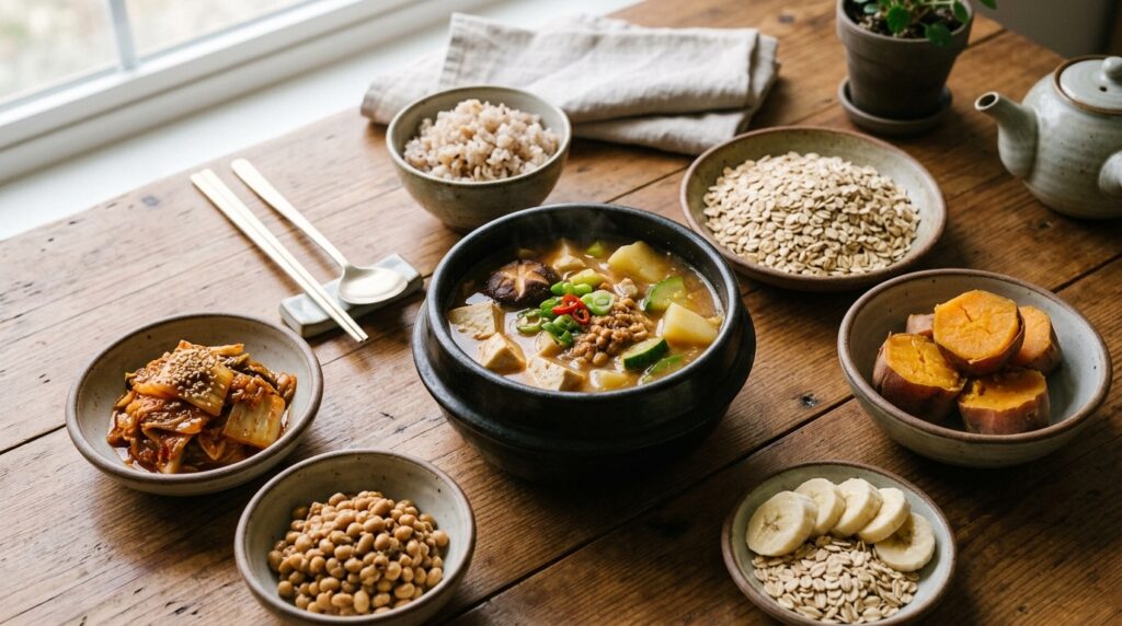 장 건강 식단 - 된장찌개, 청국장, 익힌 김치, 귀리, 삶은 고구마, 바나나로 구성된 발효식품과 식이섬유 식사