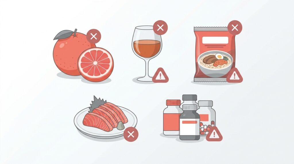 피해야 할 음식 - 자몽, 술, 인스턴트 식품, 날생선(회), 건강보조식품에 부드러운 경고 표시
