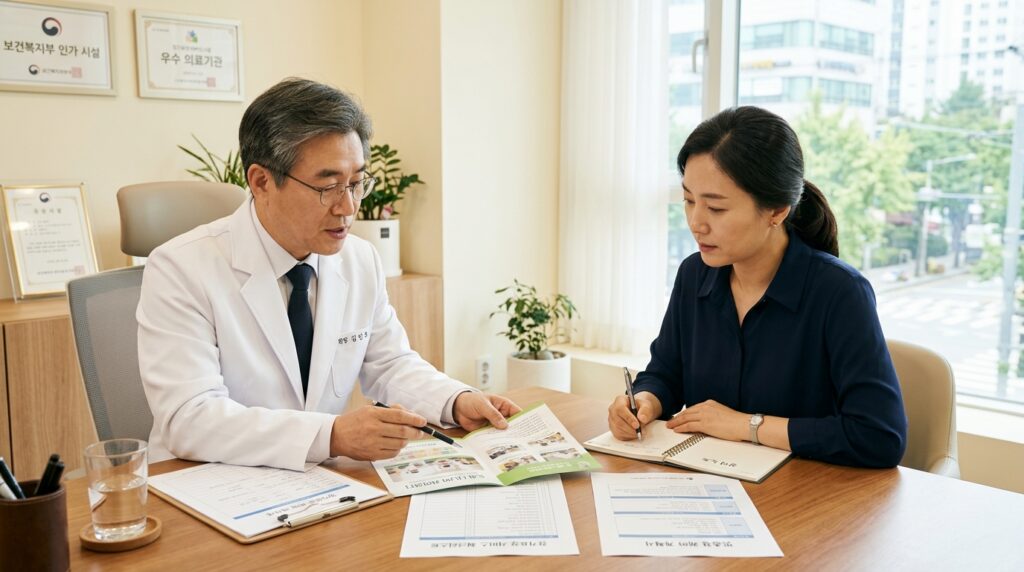 시설 견학 중 의료진과 상담하는 환자 가족