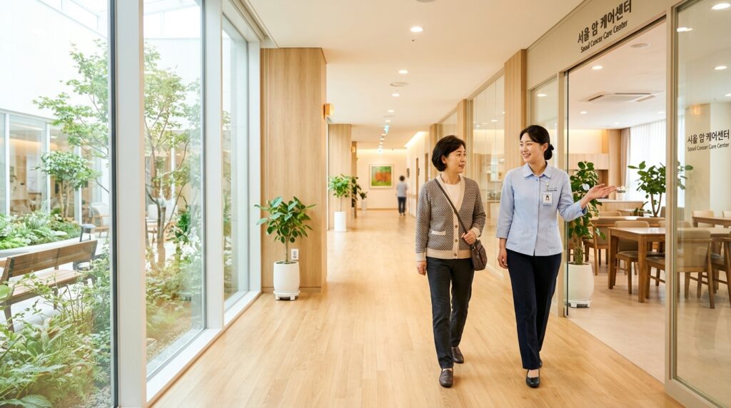 요양 시설을 방문해 환경을 살펴보는 보호자