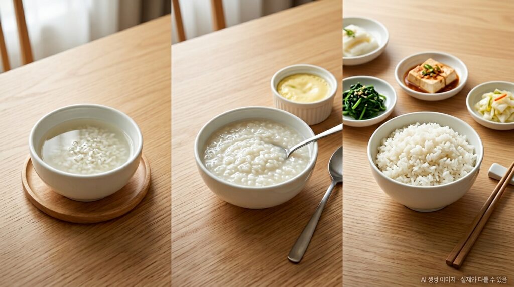 유동식(맑은 미음) → 연식(흰죽+달걀찜) → 일반식(부드러운 밥+반찬)이 왼쪽에서 오른쪽으로 나란히 배치된 단계별 비교 구성 + 우측 하단 AI 안내 문구