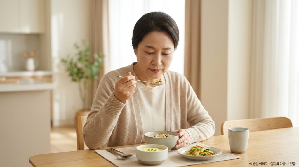 한국인 위암 환자가 식탁에서 수저로 천천히 소량씩 먹는 클로즈업/미디엄 샷, 물컵은 옆에 있지만 식사 중 마시지 않는 장면 + 우측 하단 AI 안내 문구