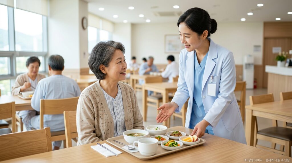 한국인 영양사 또는 간호사가 한국인 위암 환자 옆에서 식사 트레이를 전달하거나 식단을 설명하는 전문적이고 따뜻한 요양병원 장면 + 우측 하단 AI 안내 문구