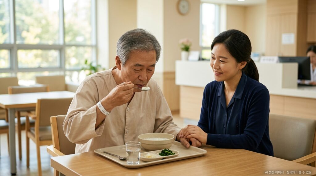 한국인 위암 환자(50-60대)가 병원 식사 트레이 앞에서 소량의 죽을 천천히 먹는 장면, 보호자가 함께하는 따뜻한 구성 + 우측 하단 AI 안내 문구