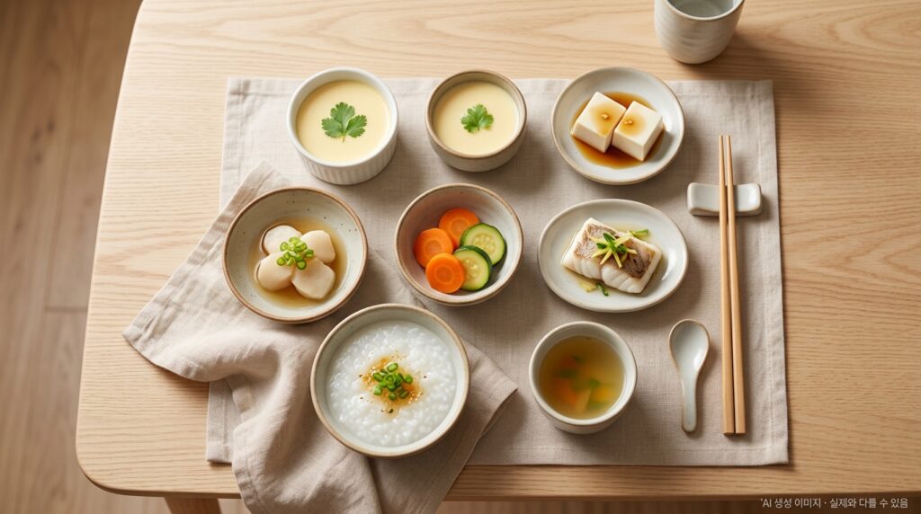 여러 작은 그릇에 소량씩 담긴 하루 식단 (흰죽, 달걀찜, 연두부, 당근, 작은 생선찜 등) - 오버헤드 뷰, 일반 식사량의 절반 이하 + 우측 하단 AI 안내 문구