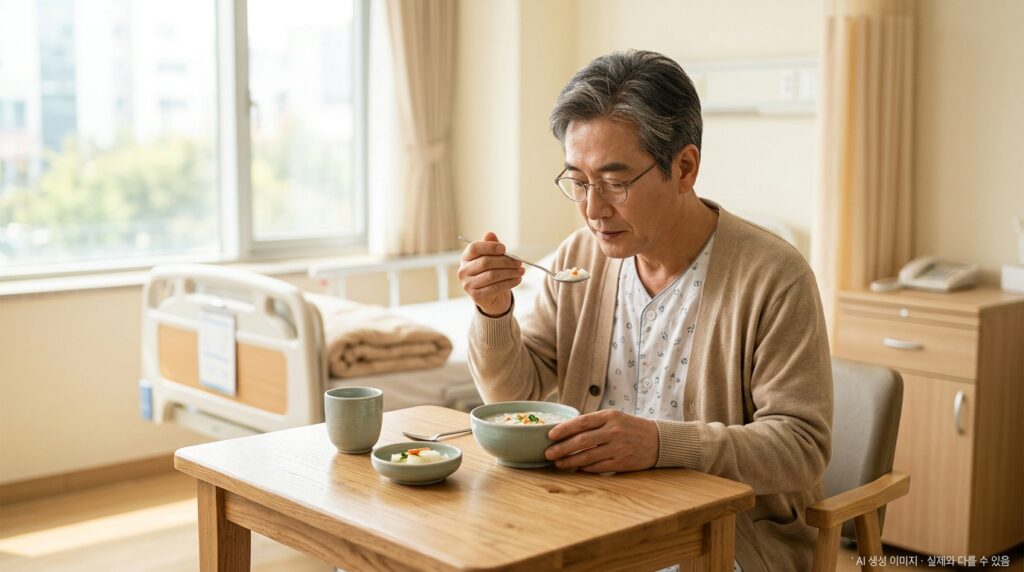 한국인 위암 환자(50-60대)가 작은 식탁에서 흰죽을 천천히 소량씩 먹는 신중한 장면 + 우측 하단 AI 안내 문구
