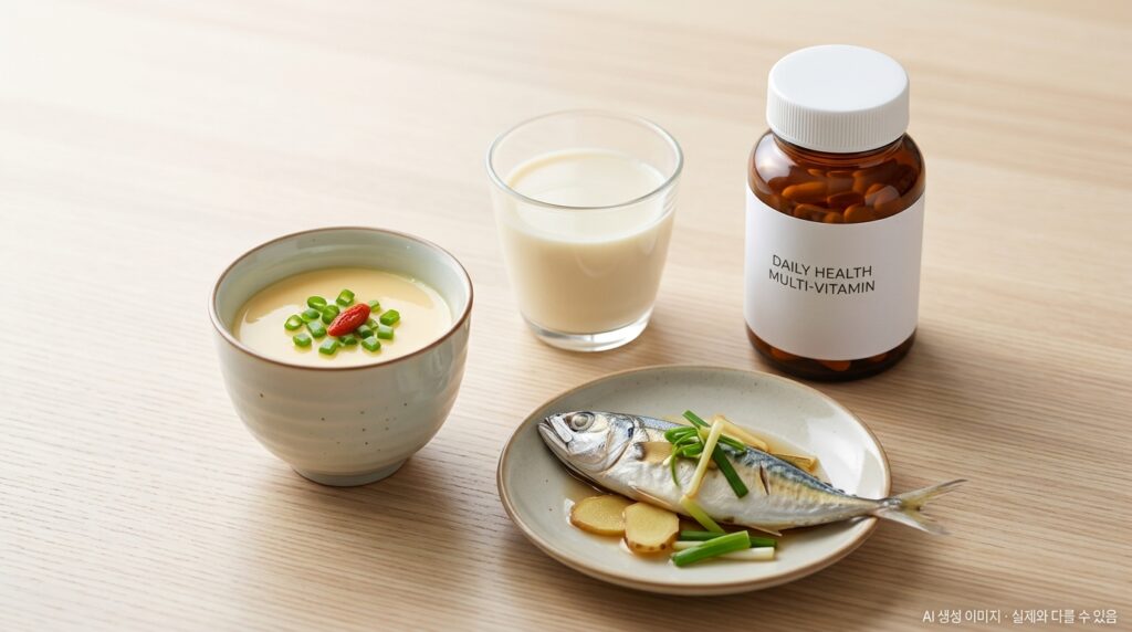 소량의 영양 밀도 높은 음식(달걀찜, 두유, 작은 생선찜)과 비타민 보충제 병이 함께 배치된 영양 보충 개념 장면 + 우측 하단 AI 안내 문구