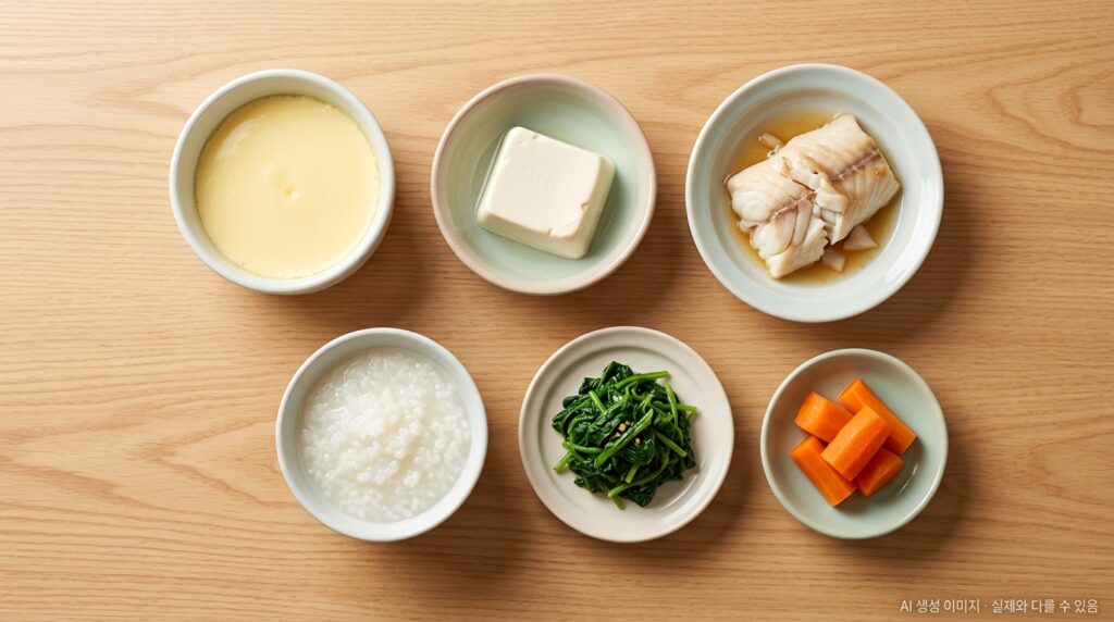 권장 음식들이 소량씩 예쁘게 배치된 오버헤드 뷰 (달걀찜, 연두부, 흰살생선, 흰죽, 익힌 시금치, 삶은 당근) + 우측 하단 AI 안내 문구