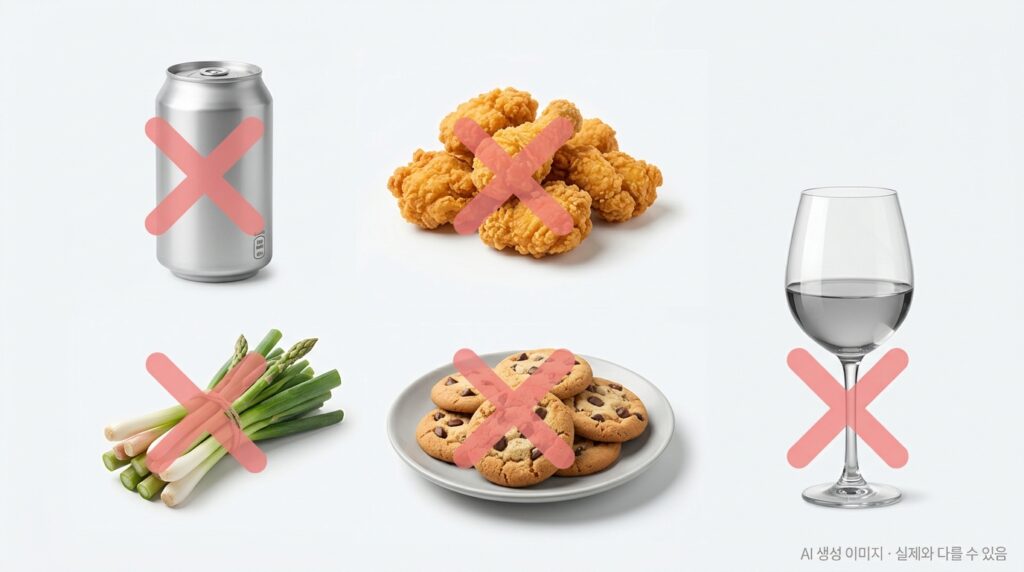 피해야 할 음식들(단 음료 캔, 튀긴 음식, 생채소, 단 과자, 술잔)에 부드러운 X 또는 주의 아이콘이 표시된 정보성 구성 + 우측 하단 AI 안내 문구