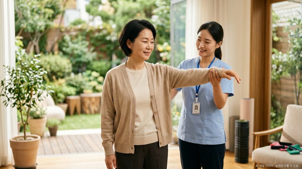 유방암 수술 후 림프부종 예방 운동 — 팔을 가볍게 움직이는 재활 운동 장면