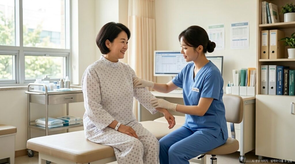 유방암 수술 후 상처 관리 — 회복기 환자가 의료진에게 수술 부위를 점검받는 장면