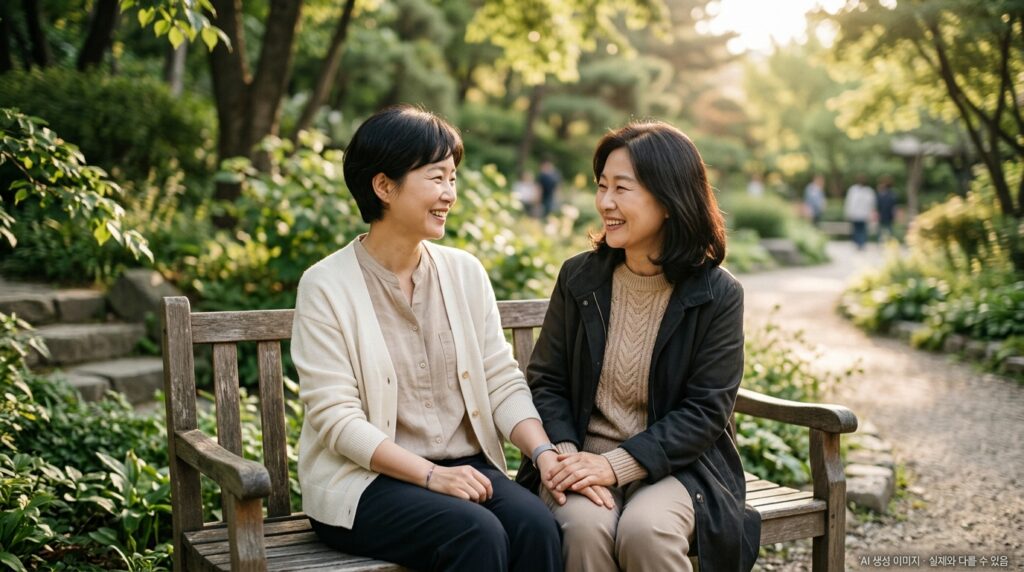 유방암 수술 후 심리 회복 — 자연 속에서 산책하거나 가족과 대화하는 회복기 여성 환자