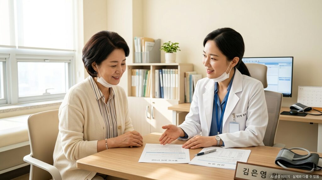 유방암 수술 후 정기 검진 — 의사와 추적 관찰 검사 결과를 확인하는 여성 환자