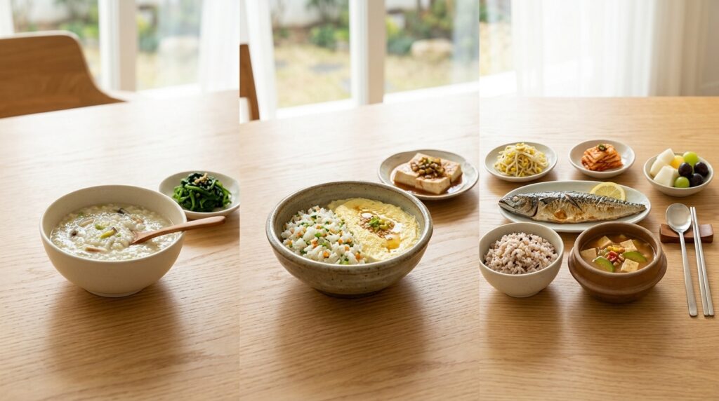 치료 단계별 식단 - 항암 중 유동식 → 수술 후 연식 → 회복기 일반식 단계별 구성 또는 회복기 균형 잡힌 식판