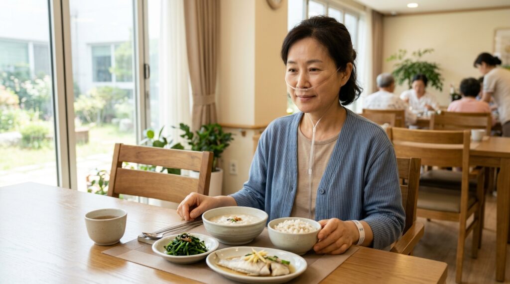한국인 폐암 회복기 환자가 요양 시설에서 식사하는 장면