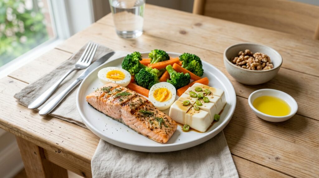 폐암 수술 후 권장 식품 - 연어, 달걀, 두부, 브로콜리, 호두 등