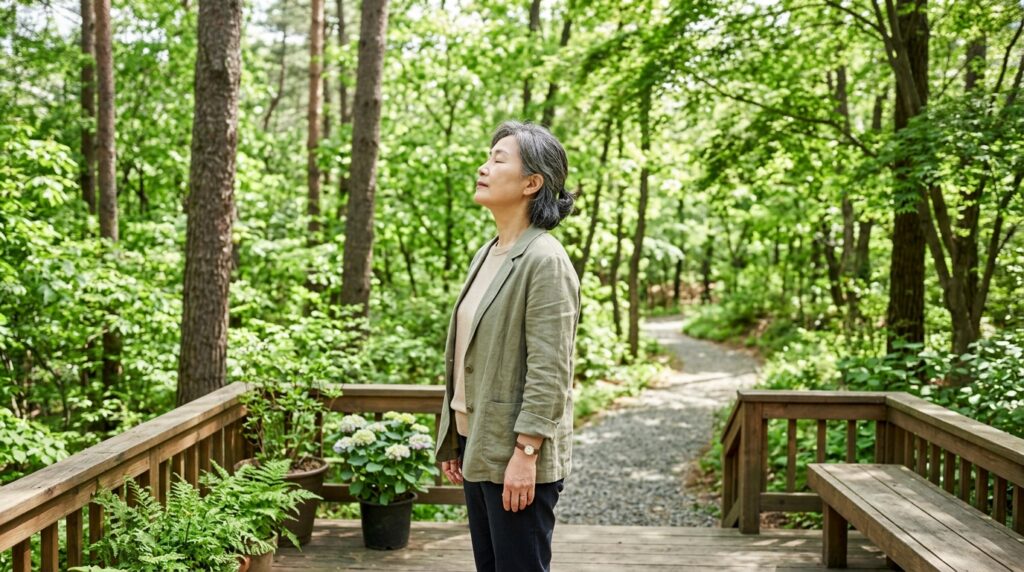 요양 시설 테라스에서 깊은 호흡을 하는 한국인 회복기 환자