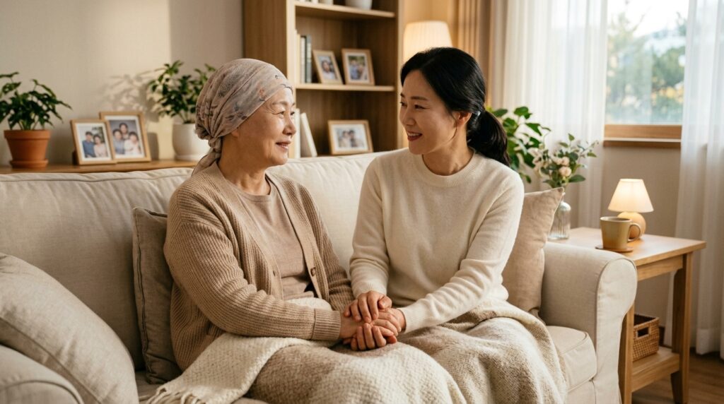 요양원 또는 가정 거실에서 환자와 보호자가 소파에 나란히 앉아 손을 잡고 조용히 대화하는 따뜻한 장면