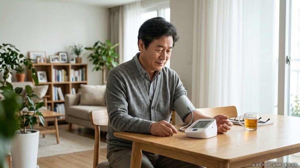 간암 수술 후 체중과 혈압을 정기적으로 체크하는 환자의 일상 관리 장면