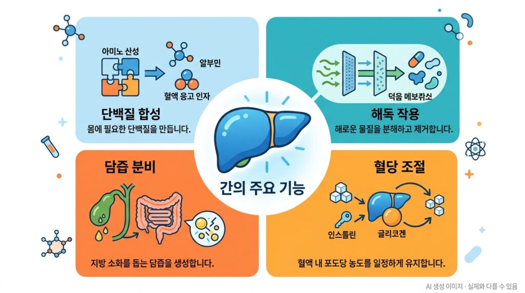 간의 영양소 대사 기능과 간암 수술 후 영양 관리의 중요성을 설명하는 의료 일러스트