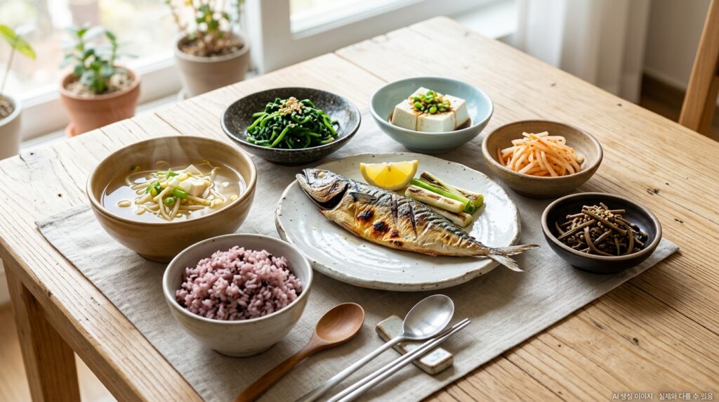 간암 수술 후 저염식 식단 구성 — 싱거운 국·나물·생선 위주의 식사 장면